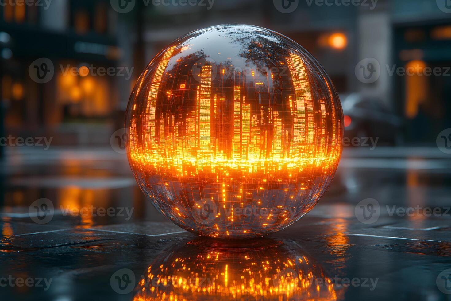 Futuristic City Reflections in a Luminous Glass Sphere on Wet Urban Streets photo