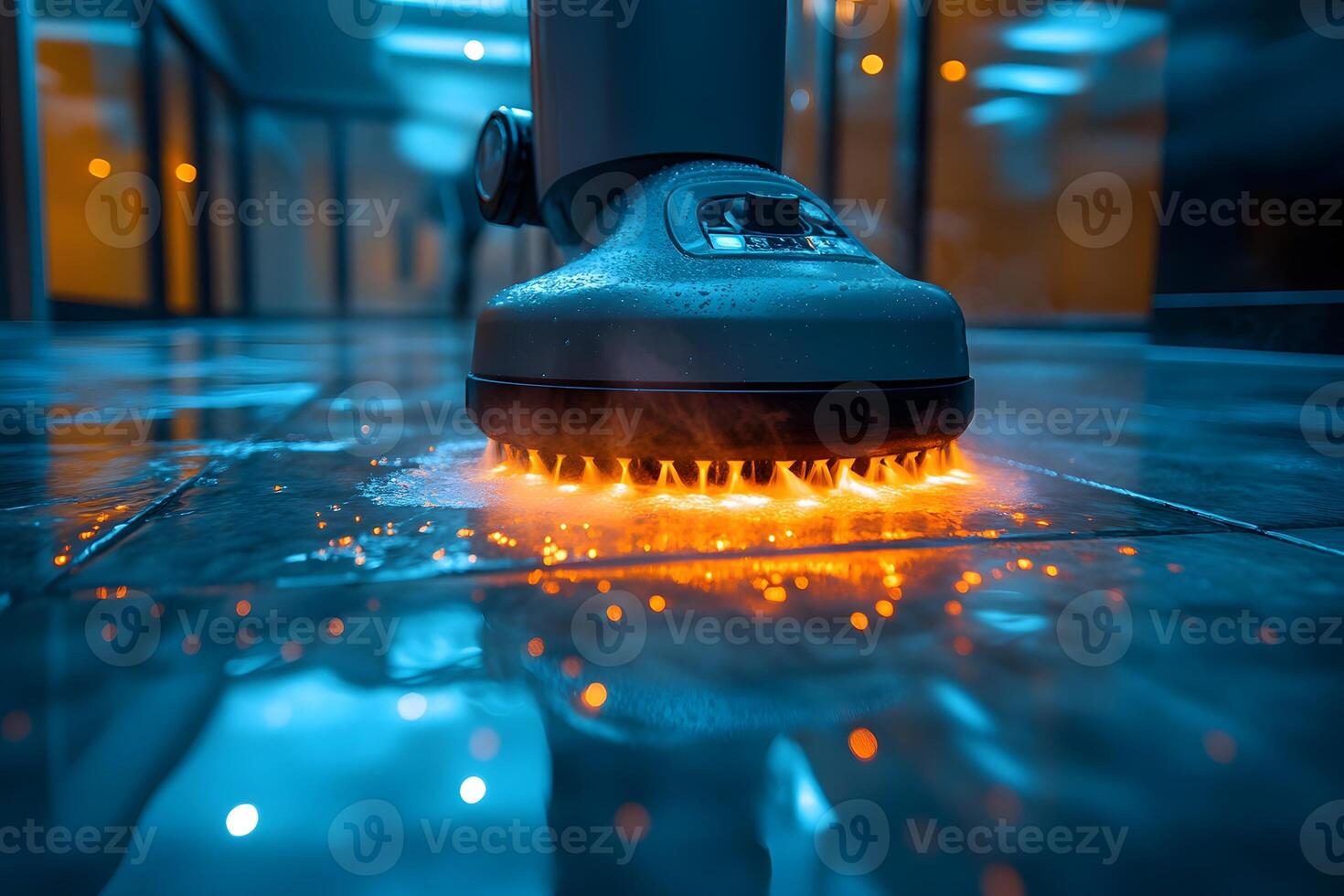 Robotic Floor Cleaner in Action Nighttime Cleaning Technology for Gleaming Surfaces photo