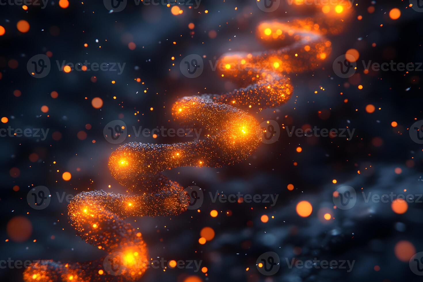 Abstract Glowing DNA Helix with Orange Particles for Scientific and Creative Design photo