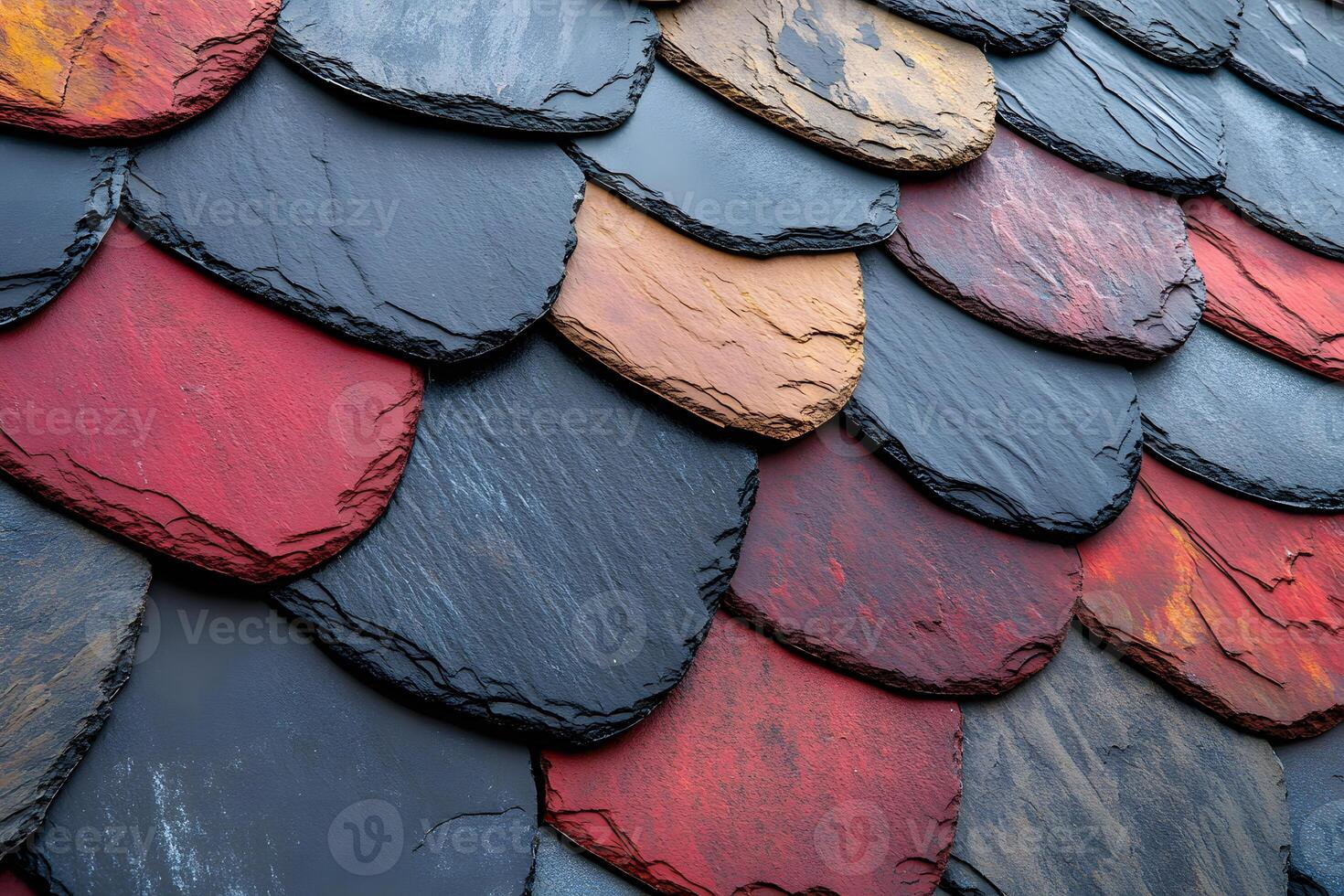 Colorful Slate Roof Shingles in Overlapping Pattern - Architectural Texture Design photo