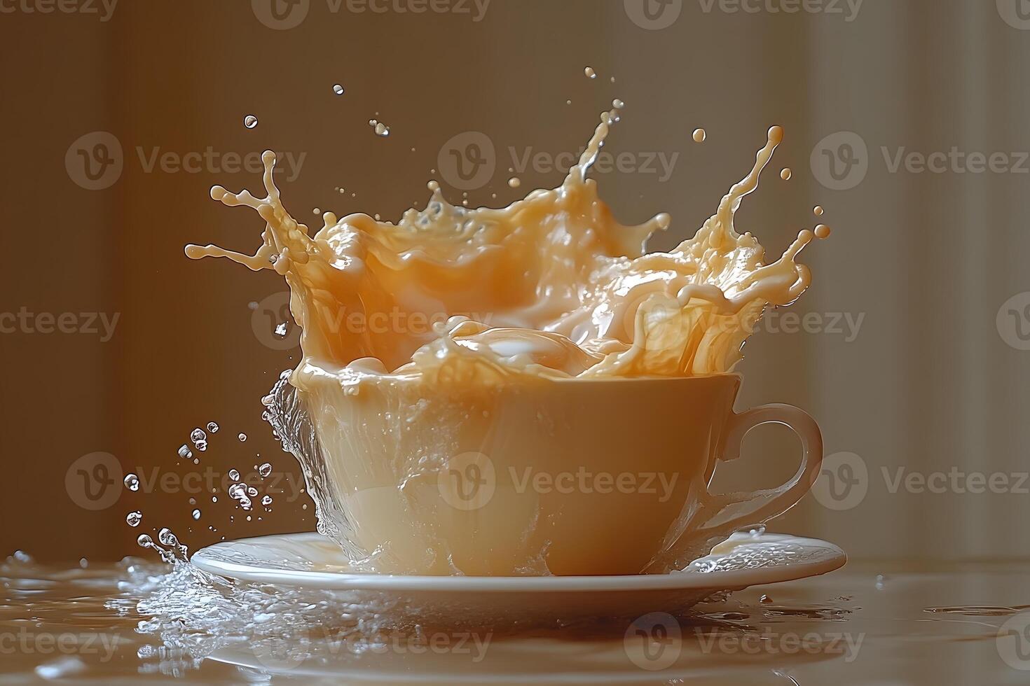 Dynamic Coffee Splash in Beige Cup on Saucer for Beverage Enthusiasts and Creative Design photo