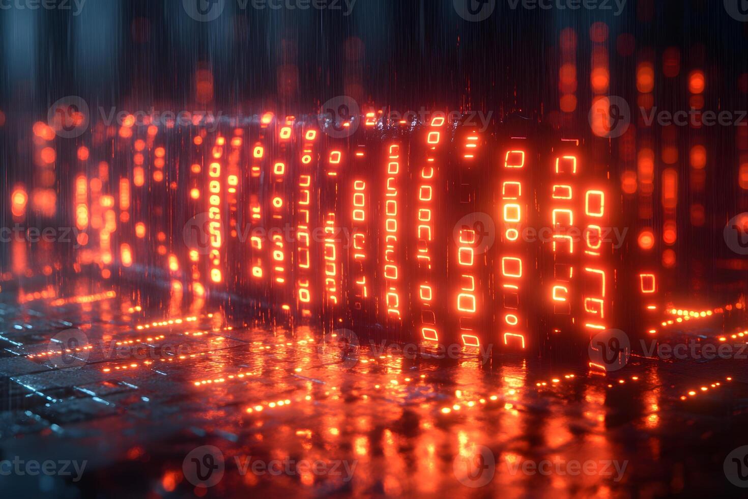 Futuristic Neon Digital Code in Rainy Cyberpunk Setting for Technology Designs photo