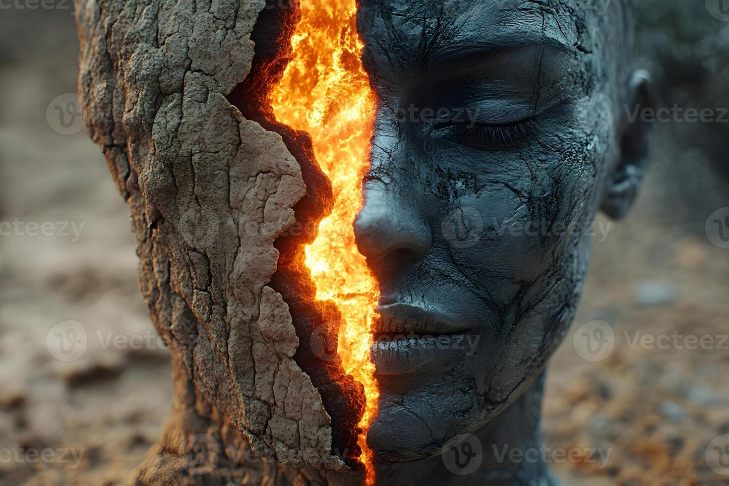 Duality of Nature Cracked Earth and Fiery Core in Surreal Portrait for Artistic Design photo
