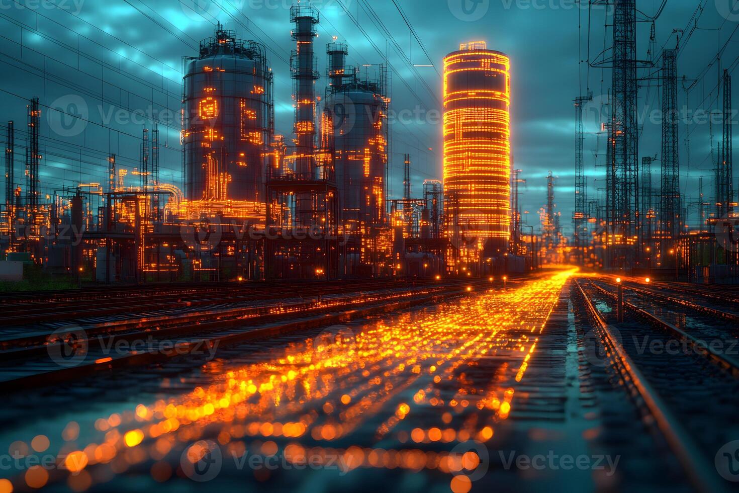 Futuristic Industrial Landscape at Night with Illuminated Oil Refinery and Power Lines photo