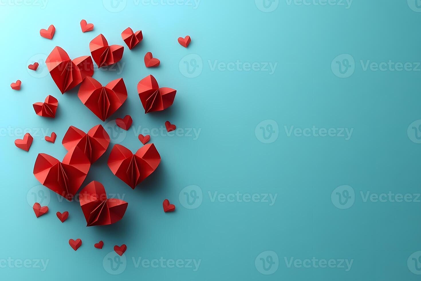 Origami Red Hearts on Blue Background for Romantic Valentine's Day Decoration photo