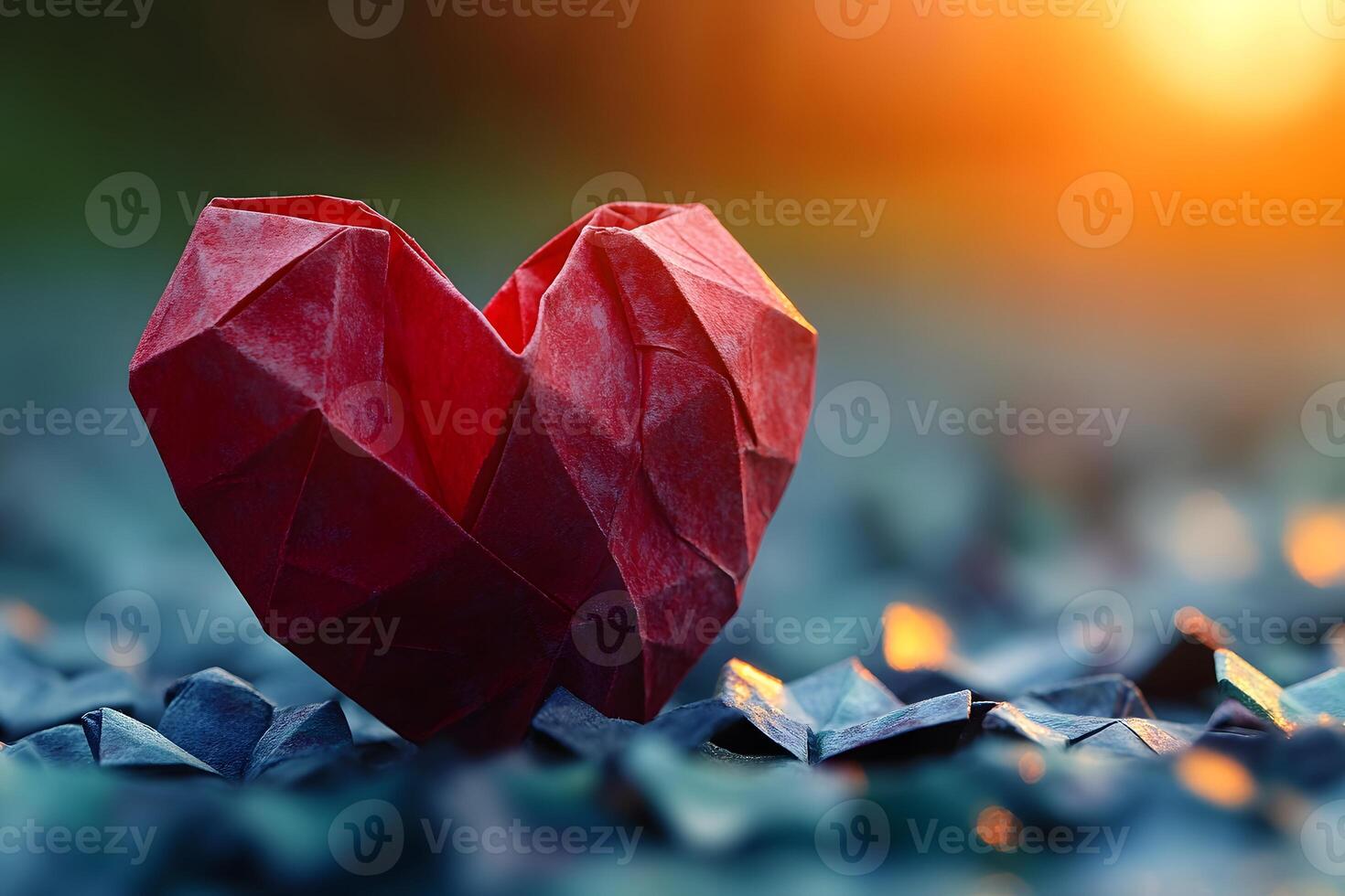 Origami Red Heart on Blue Background at Sunset Love, Art, and Creativity Theme photo