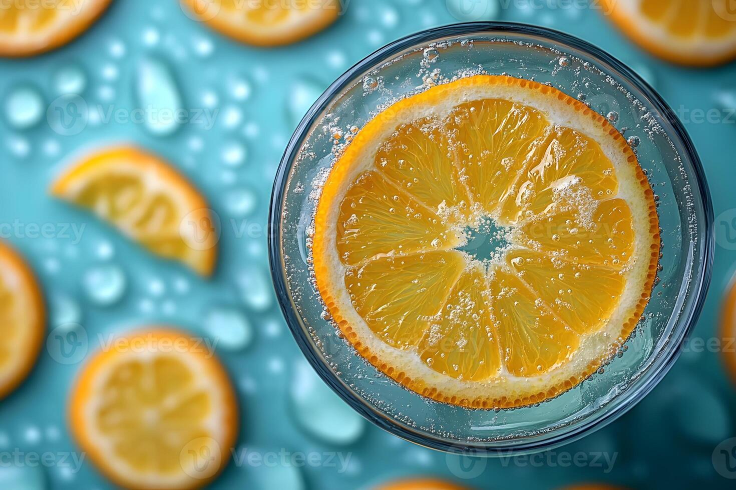Refreshing Citrus Drink with Orange Slices and Sparkling Water on Blue Background photo
