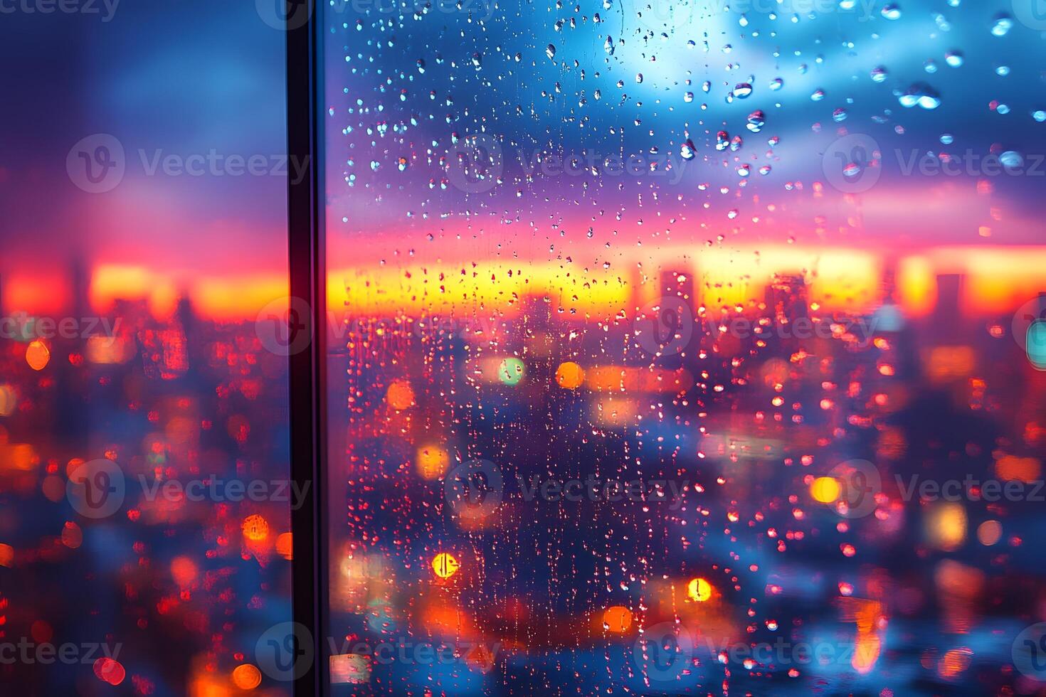 Vibrant Urban Sunset Through Rain-Soaked Window for Design and Print photo