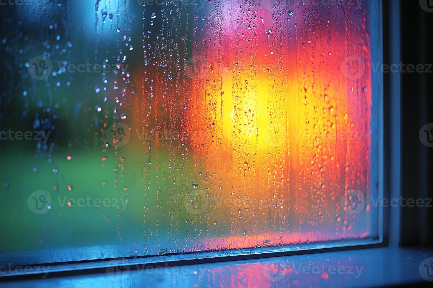 Cozy Rainy Day Window with Warm Glow and Raindrops for Relaxation and Mood Enhancement photo