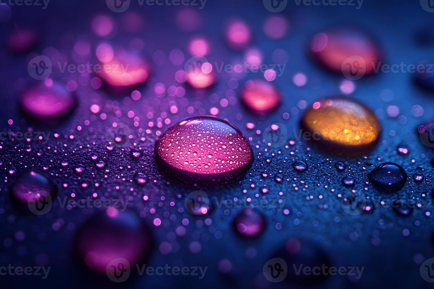 Vibrant Water Droplets on Surface with Purple and Orange Bokeh Effect for Abstract Design photo