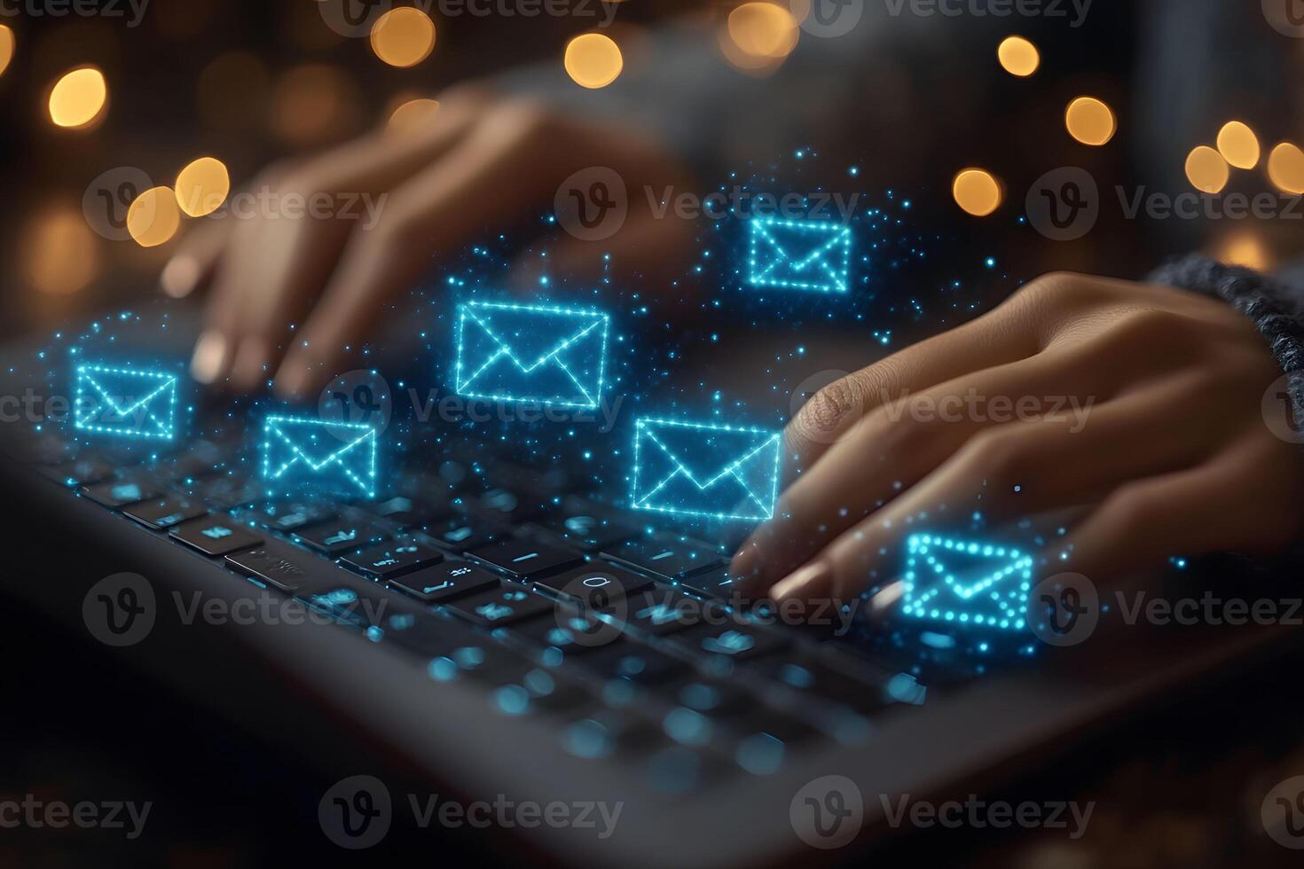 Digital Communication Concept with Email Icons Over Computer Keyboard photo