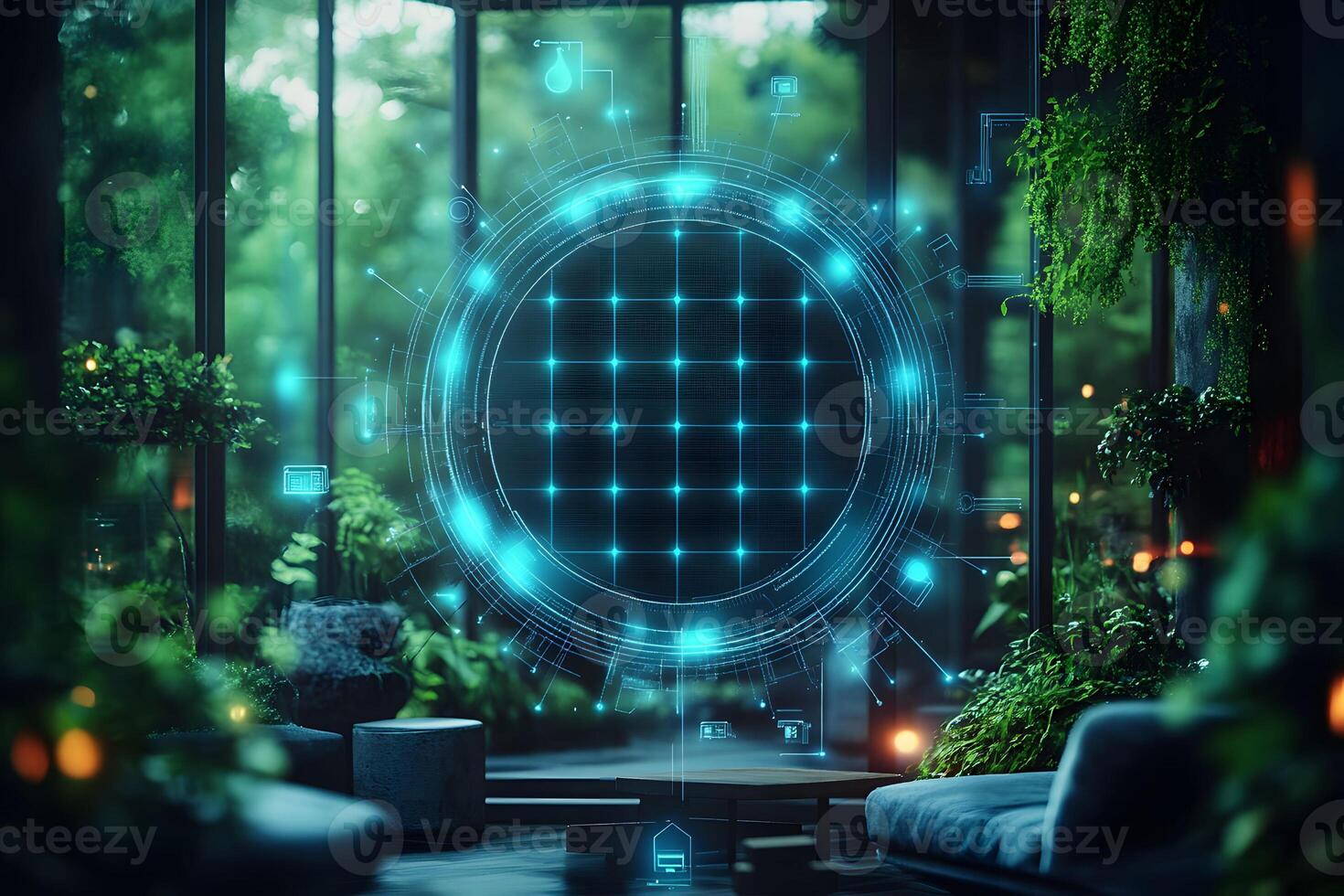 Futuristic Digital Interface in Modern Greenhouse Setting for Eco-Tech Designs photo