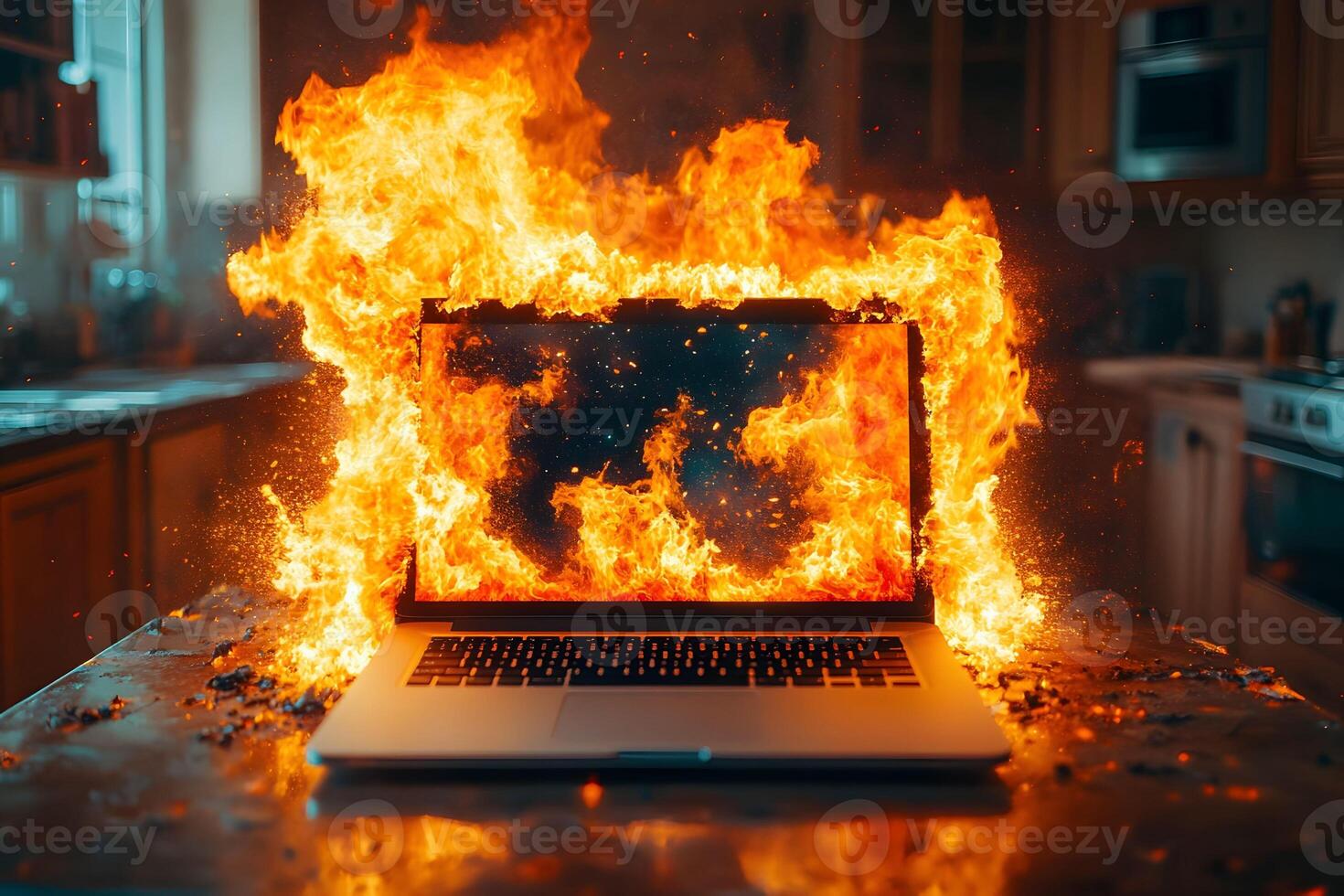 Technology Crisis Concept Laptop Engulfed in Flames in Kitchen Setting photo