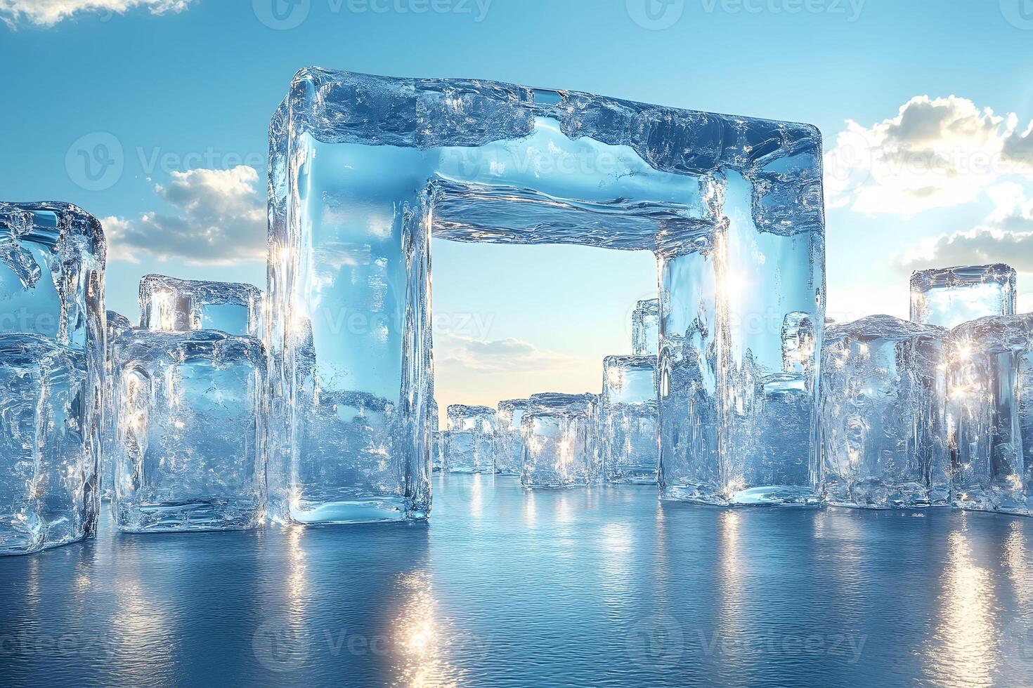 Ice Sculpture Wonderland Majestic Frozen Structures Under a Clear Blue Sky photo