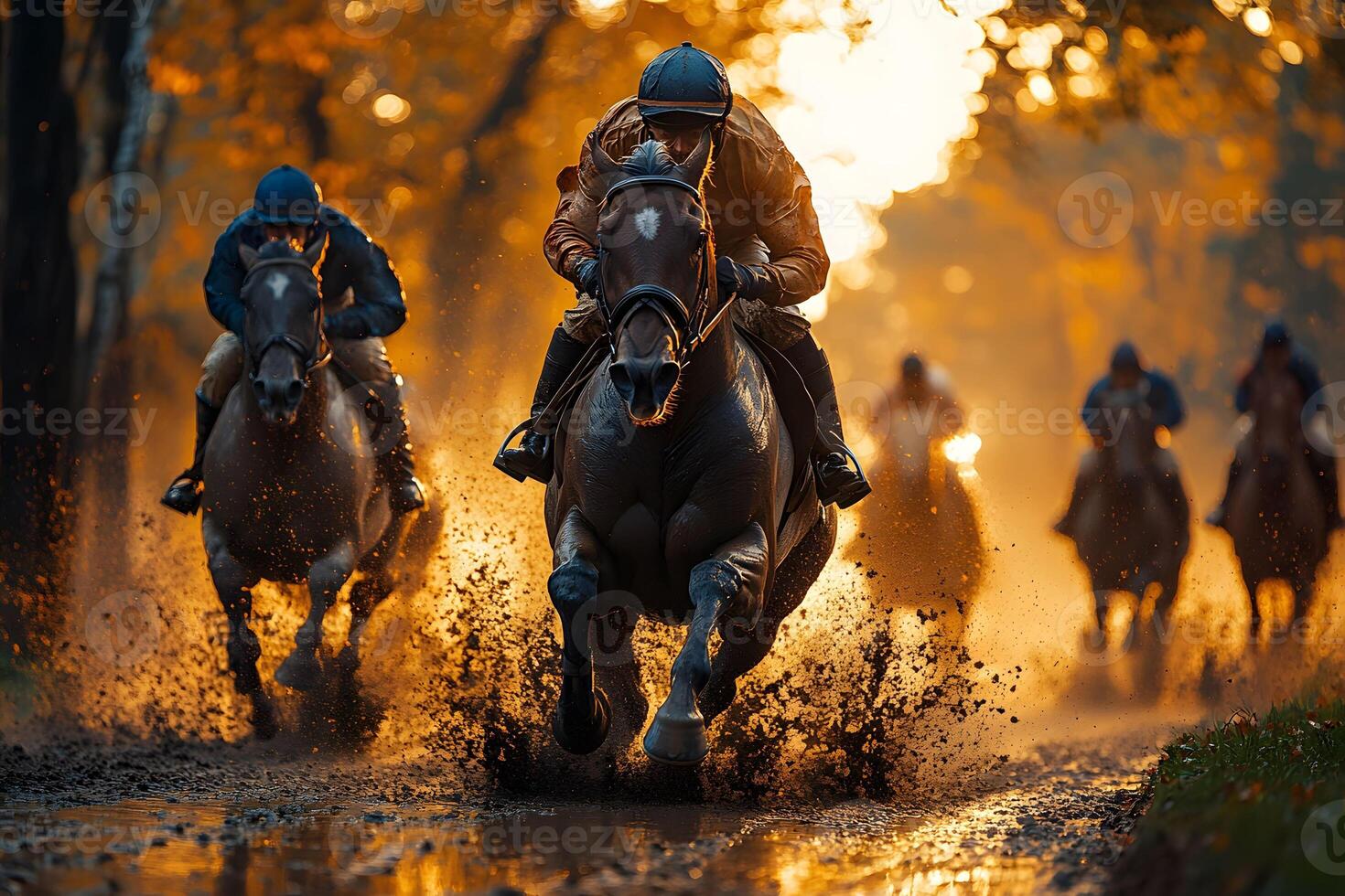 Autumn Horse Racing Scene with Jockeys Racing Through Water on Forest Trail photo