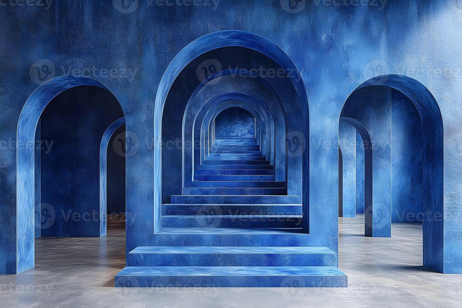Surreal Blue Architectural Design with Arches and Steps for Modern Art Inspiration photo