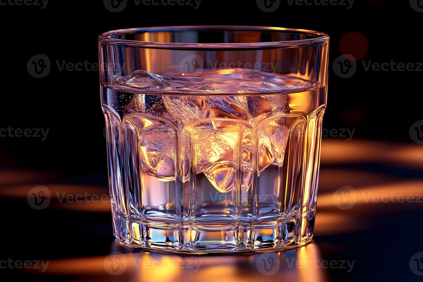 Elegant Glass with Ice Cubes and Reflections for Beverage Design and Bar Menus photo