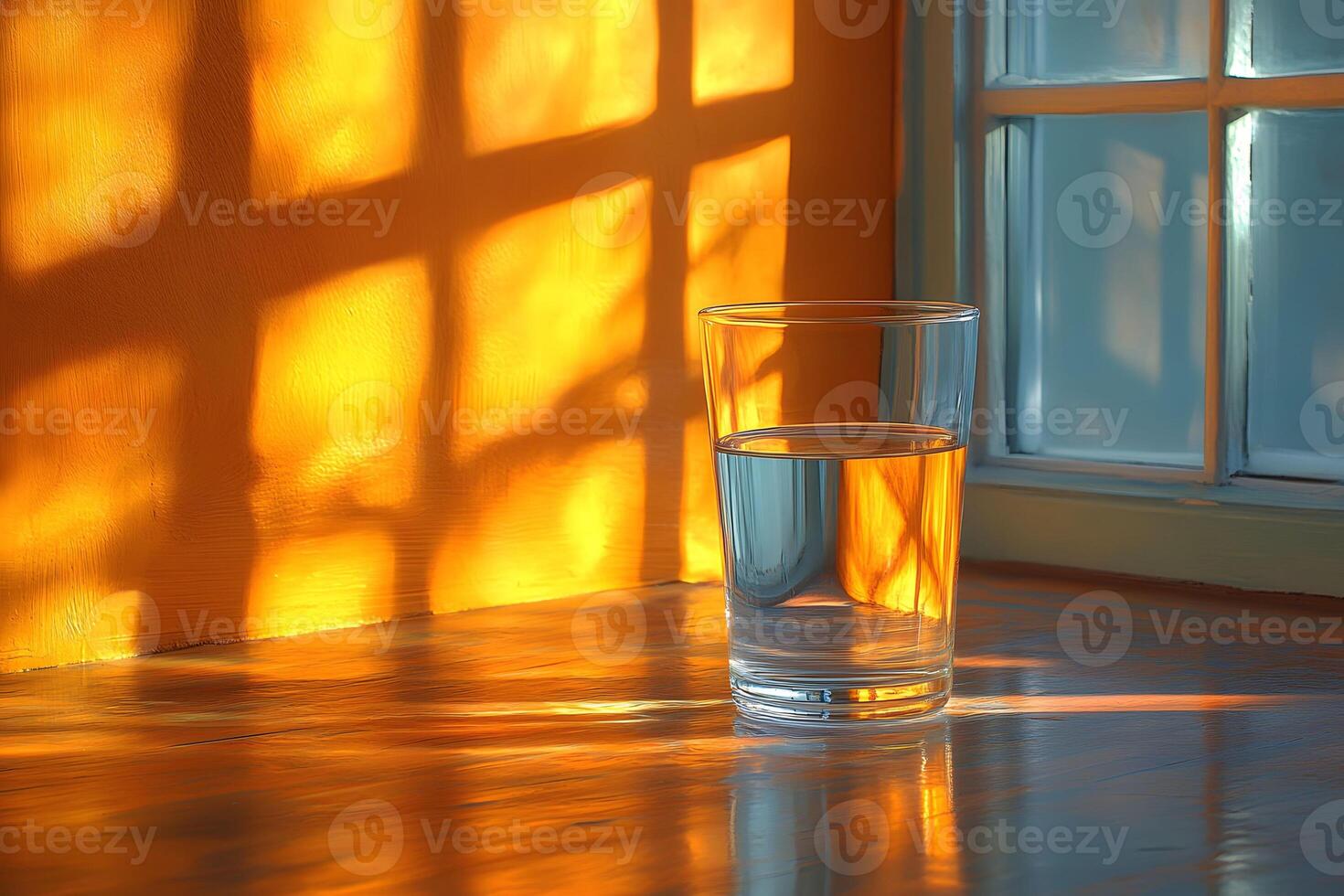 Sunlit Glass of Water Casting Dramatic Shadows by a Window photo