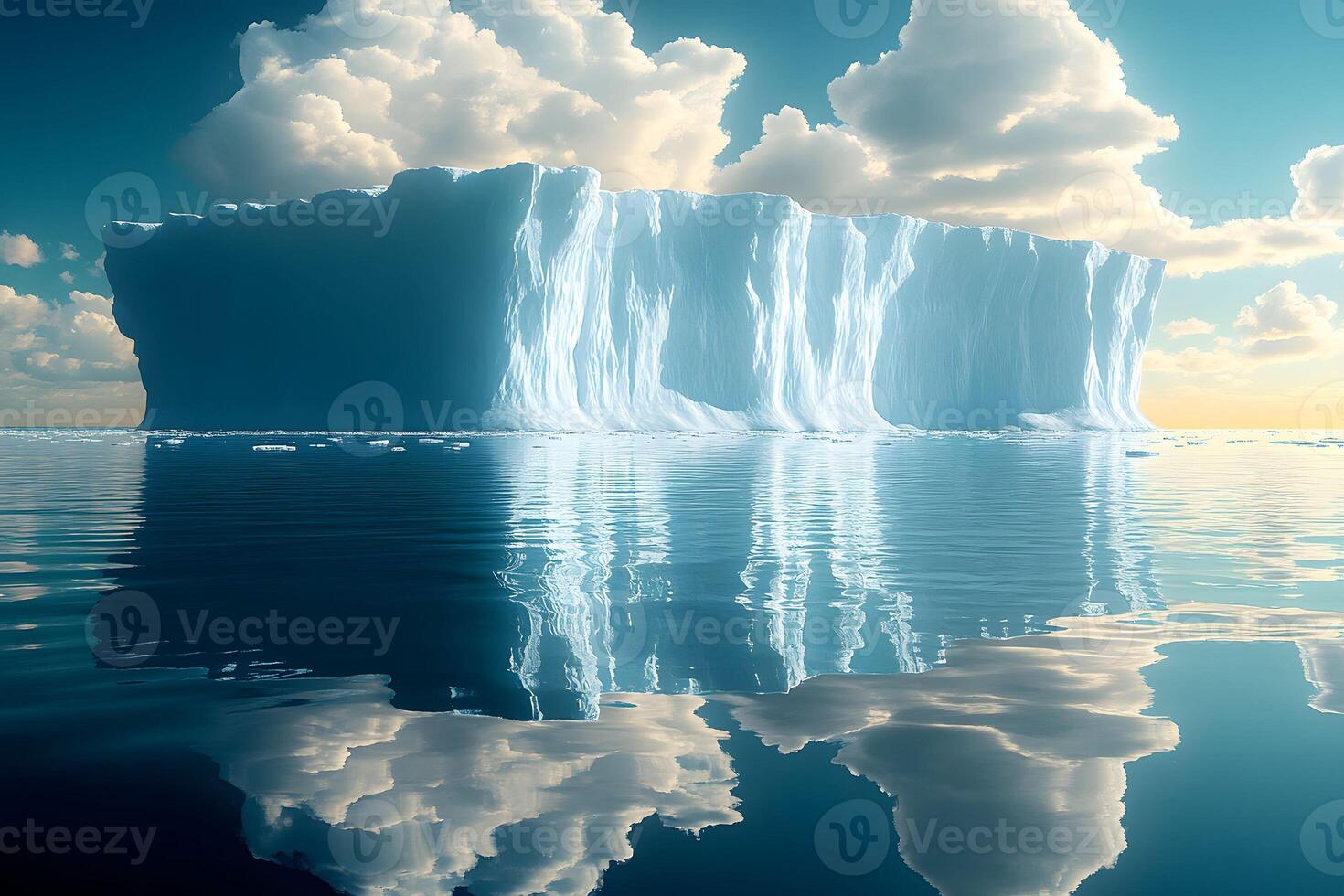 Majestic Iceberg Reflection in Tranquil Arctic Waters under a Cloudy Sky photo