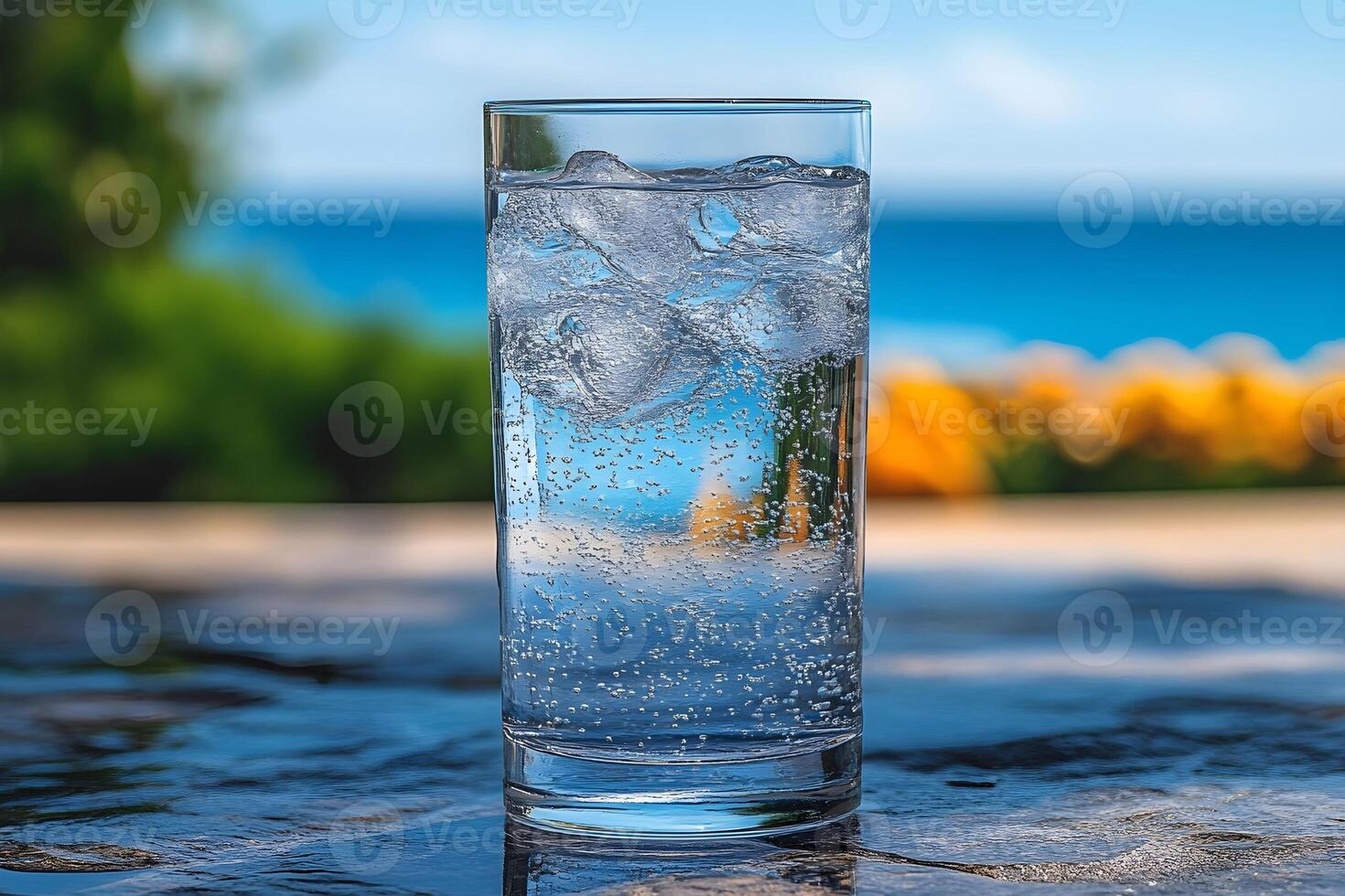Refreshing Summer Drink Concept with Sparkling Water by the Ocean for Beverage Advertising photo