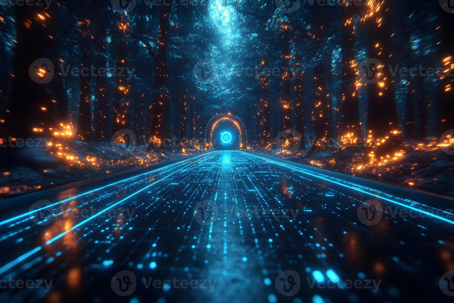 Futuristic Sci-Fi Forest Portal with Digital Lights and Neon Pathway photo
