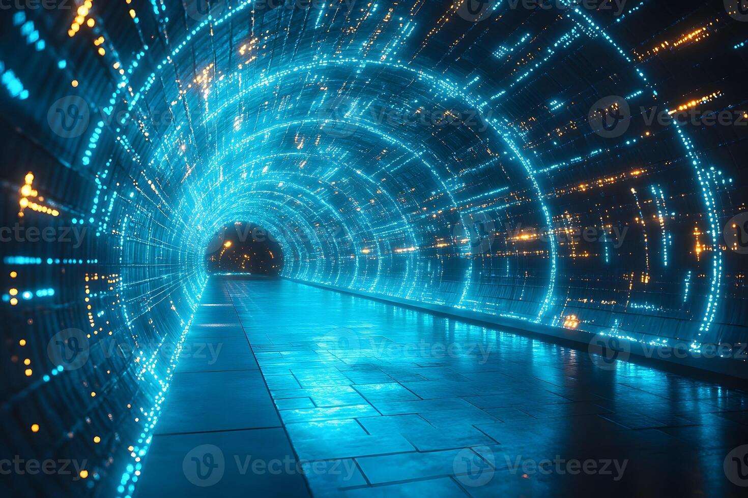 Futuristic Neon Tunnel with Illuminated Pathway for Sci-Fi Design and Visual Effects photo