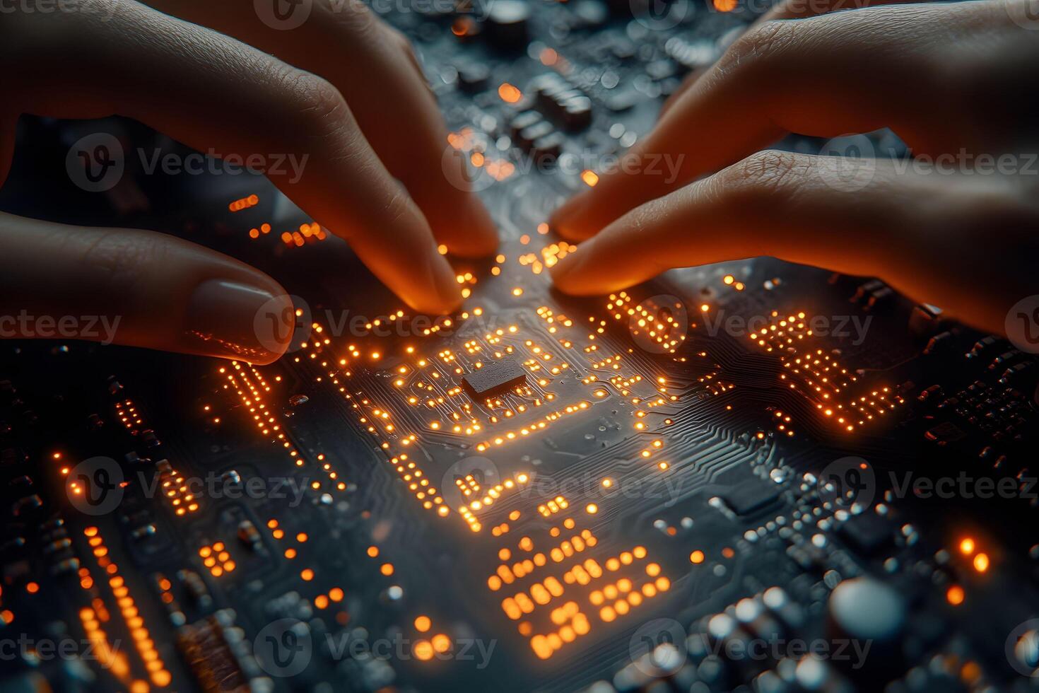 Futuristic Technology Human Interaction with Illuminated Circuit Board for Innovative Design photo
