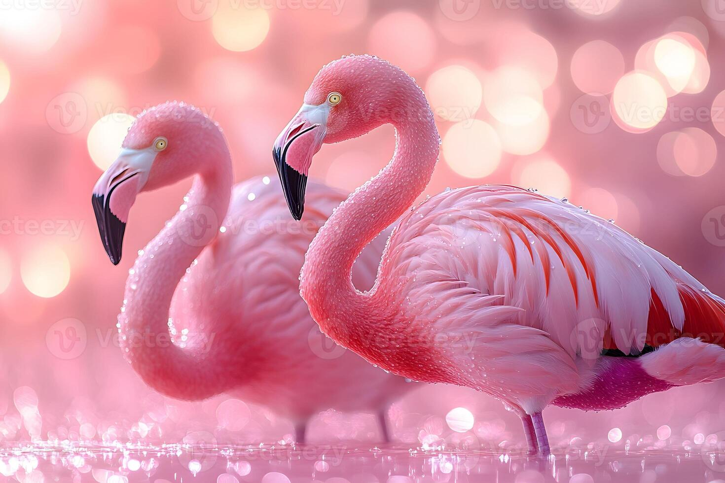 Graceful Pink Flamingos in Sparkling Water with Bokeh Background for Nature Photography photo