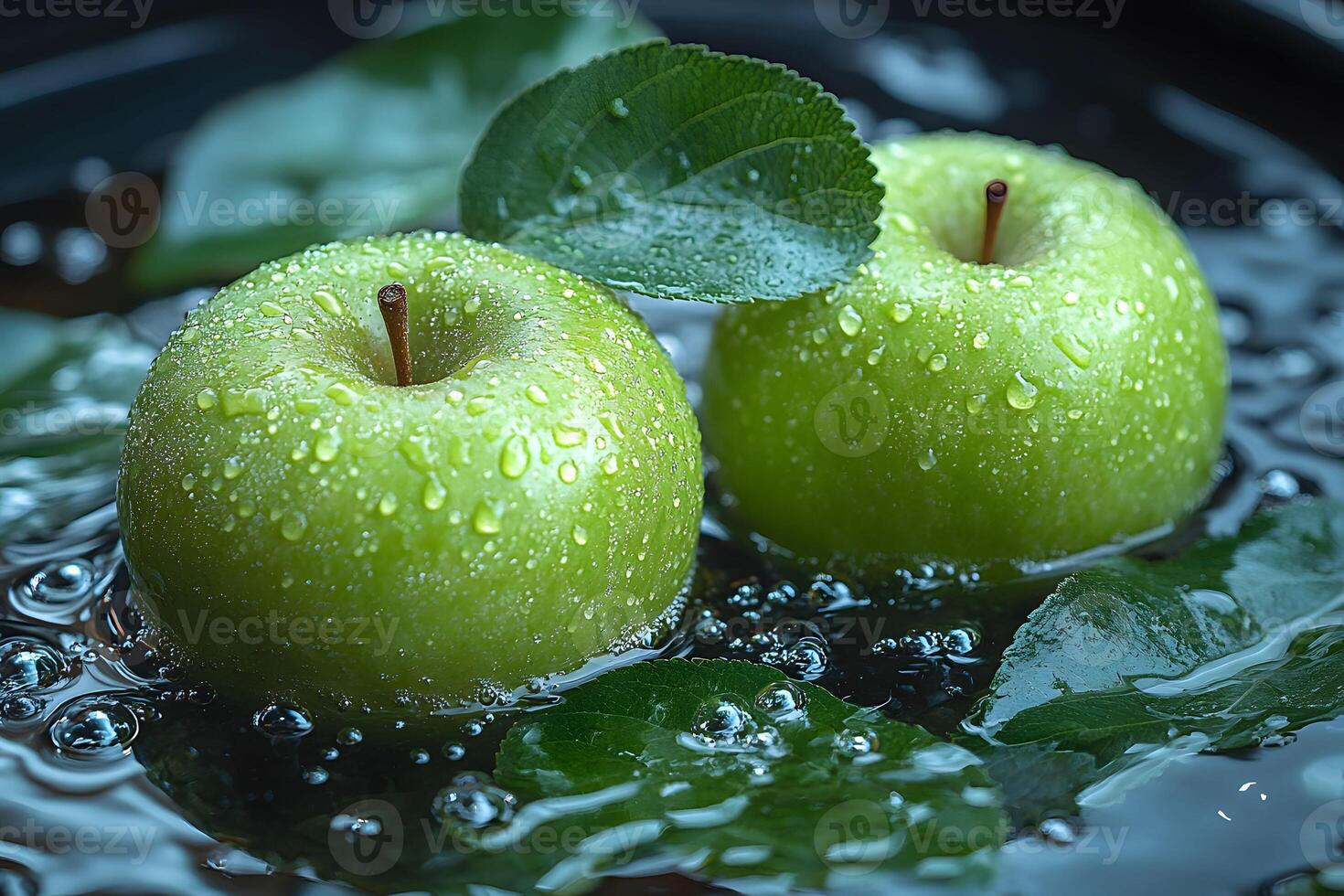 Fresh Green Apples with Water Droplets Floating on Leaf-Lined Surface for Nature-Themed Design photo