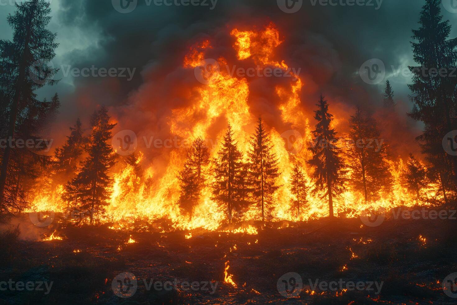 Intense Forest Fire Blaze Under Dark Skies - Environmental Impact and Natural Disaster photo