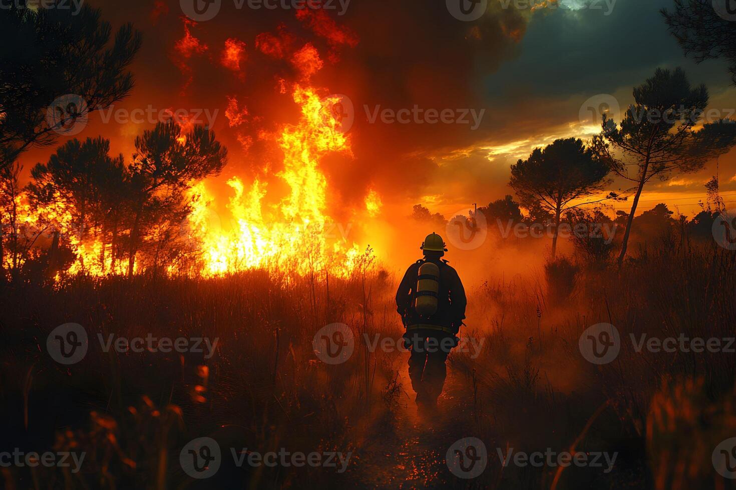 Firefighter Battling Intense Forest Fire at Sunset - Emergency Response and Natural Disaster Theme photo