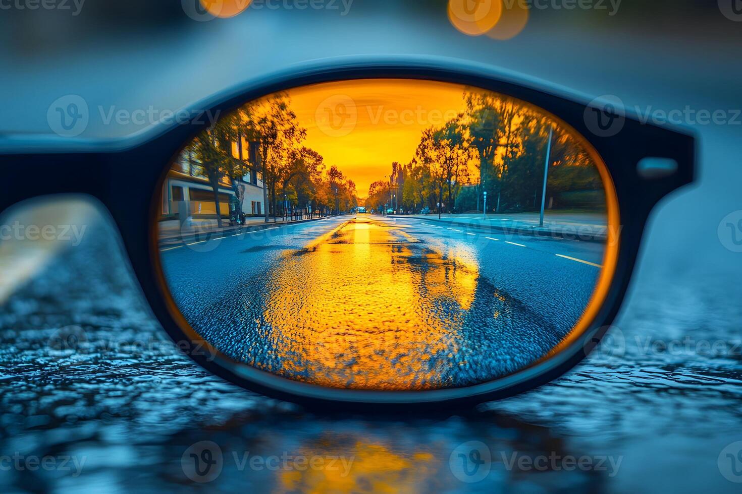 Perspective Through Sunglasses Vibrant Urban Street Scene at Sunset for Creative Design photo