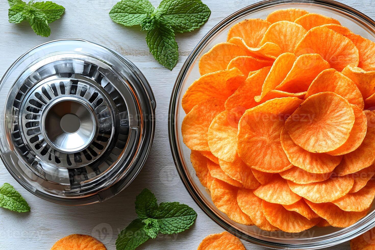 Sweet Potato Chips and Kitchen Appliance with Fresh Mint Arrangement for Culinary Design photo