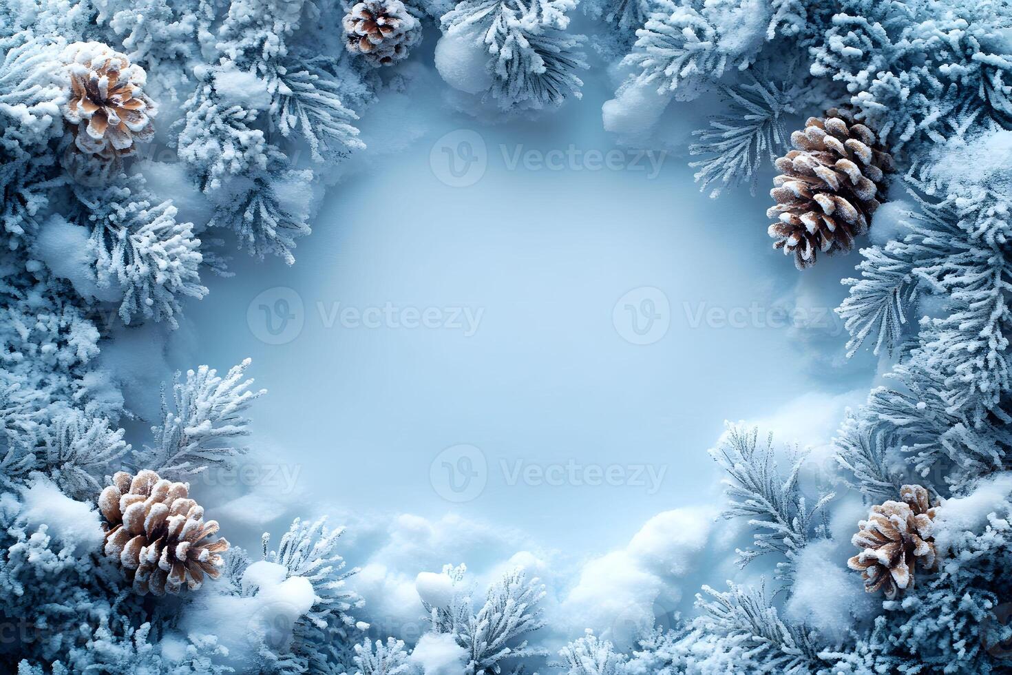 Winter Holiday Background with Snowy Pine Cones and Frosted Fir Branches for Seasonal Design photo