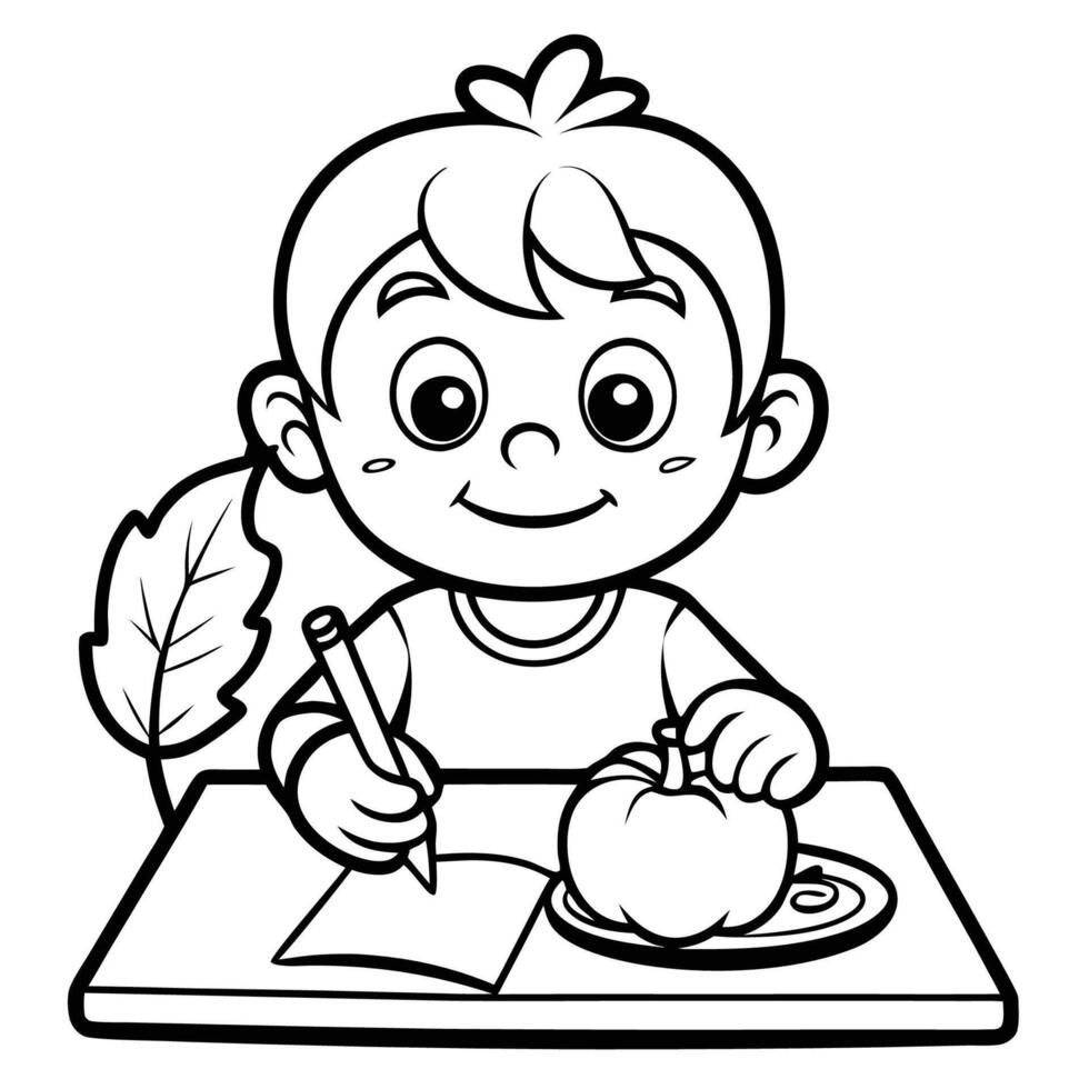 Young Child Coloring a Thanksgiving Card Outline vector