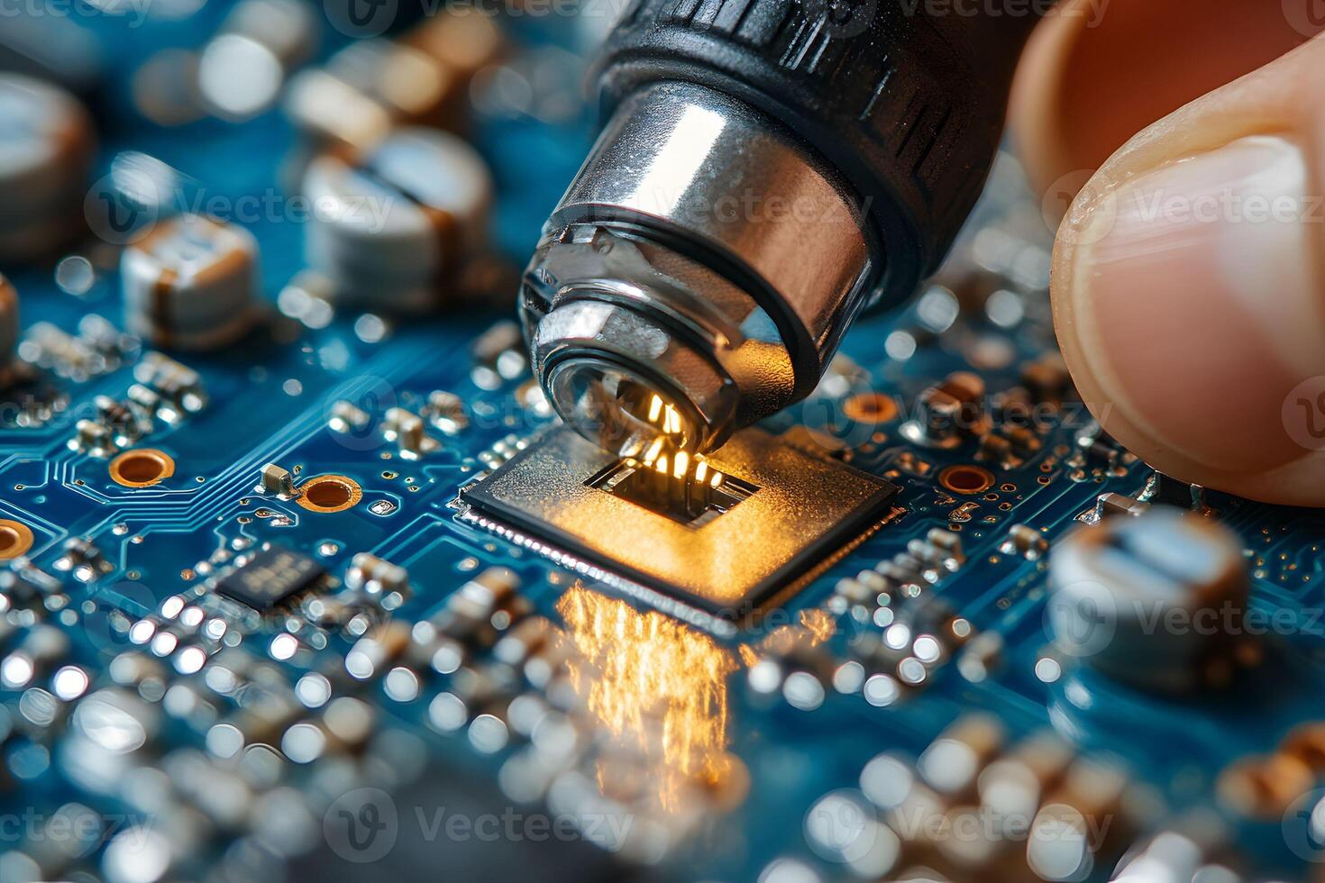 Advanced Technology Circuit Board Soldering and Microchip Connection in Electronics photo