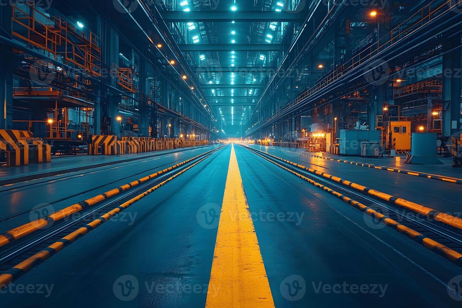 Industrial Factory Interior with Symmetrical Architecture and Dramatic Lighting photo
