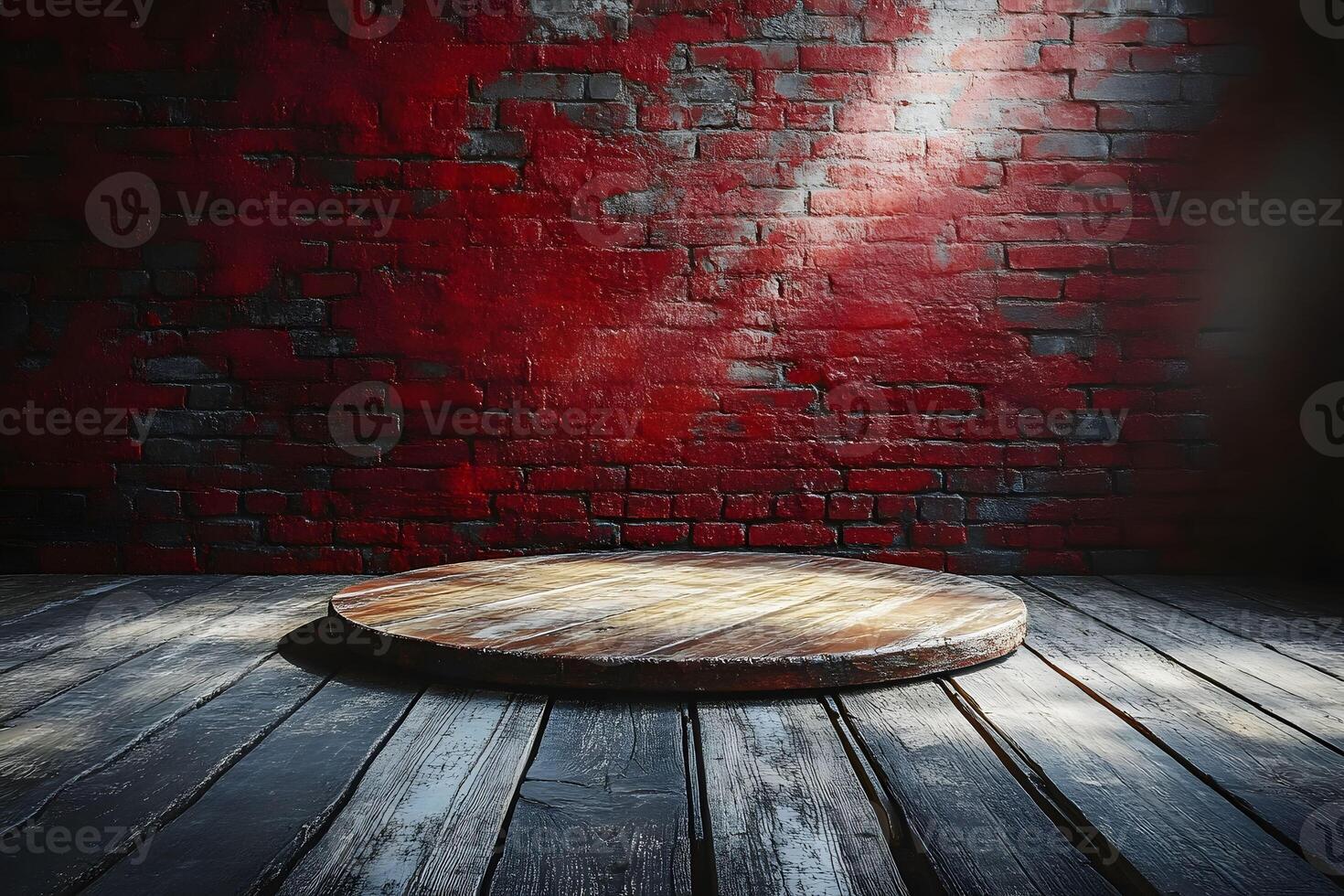 Rustic Wooden Stage Against Red Brick Wall Perfect for Drama and Theater Concepts photo