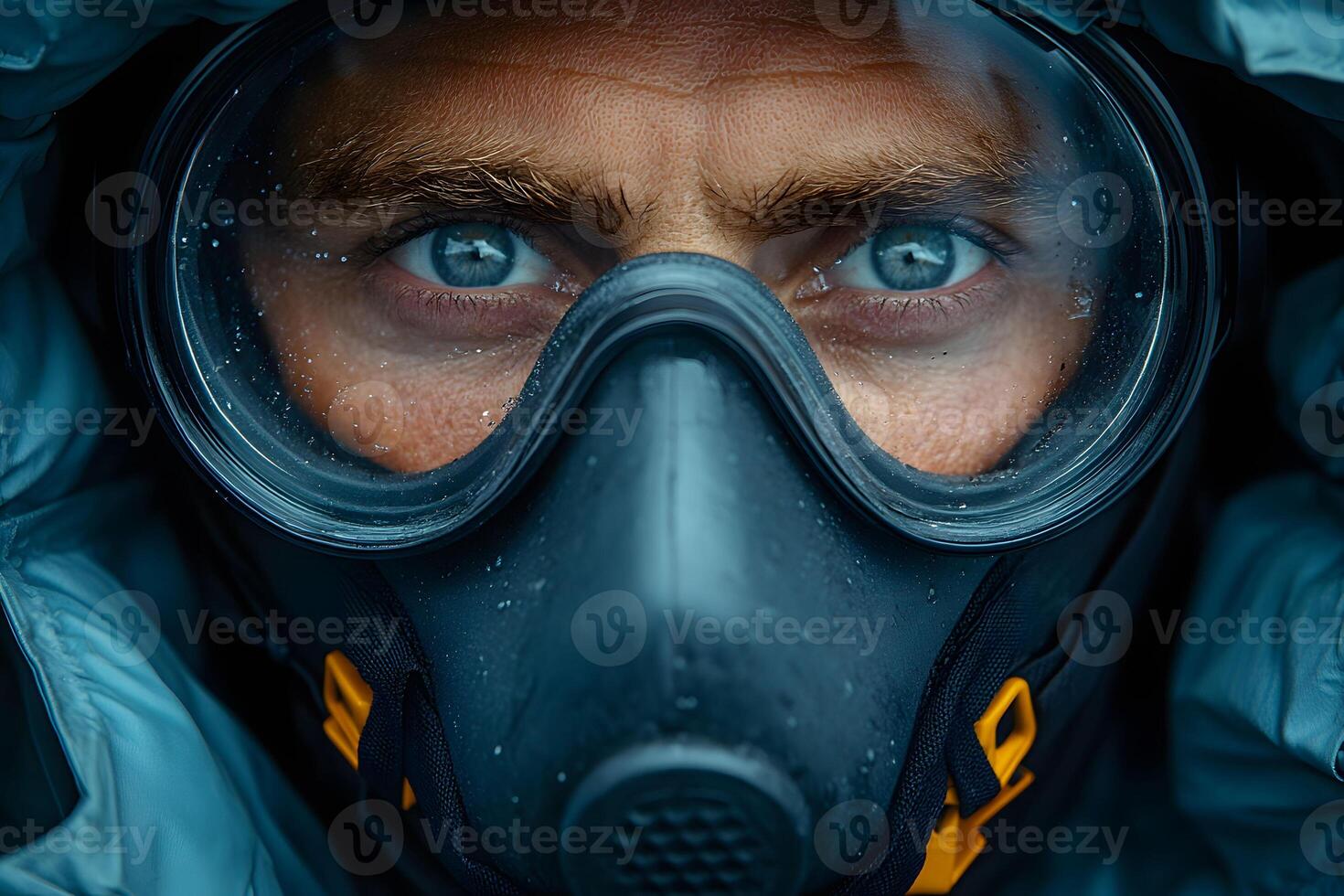 Intense Blue Eyes Behind Protective Mask Safety and Focus Concept photo
