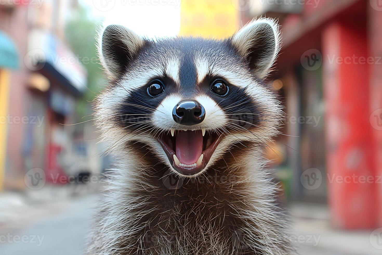 Close-Up of a Playful Raccoon Smiling on Urban Street photo
