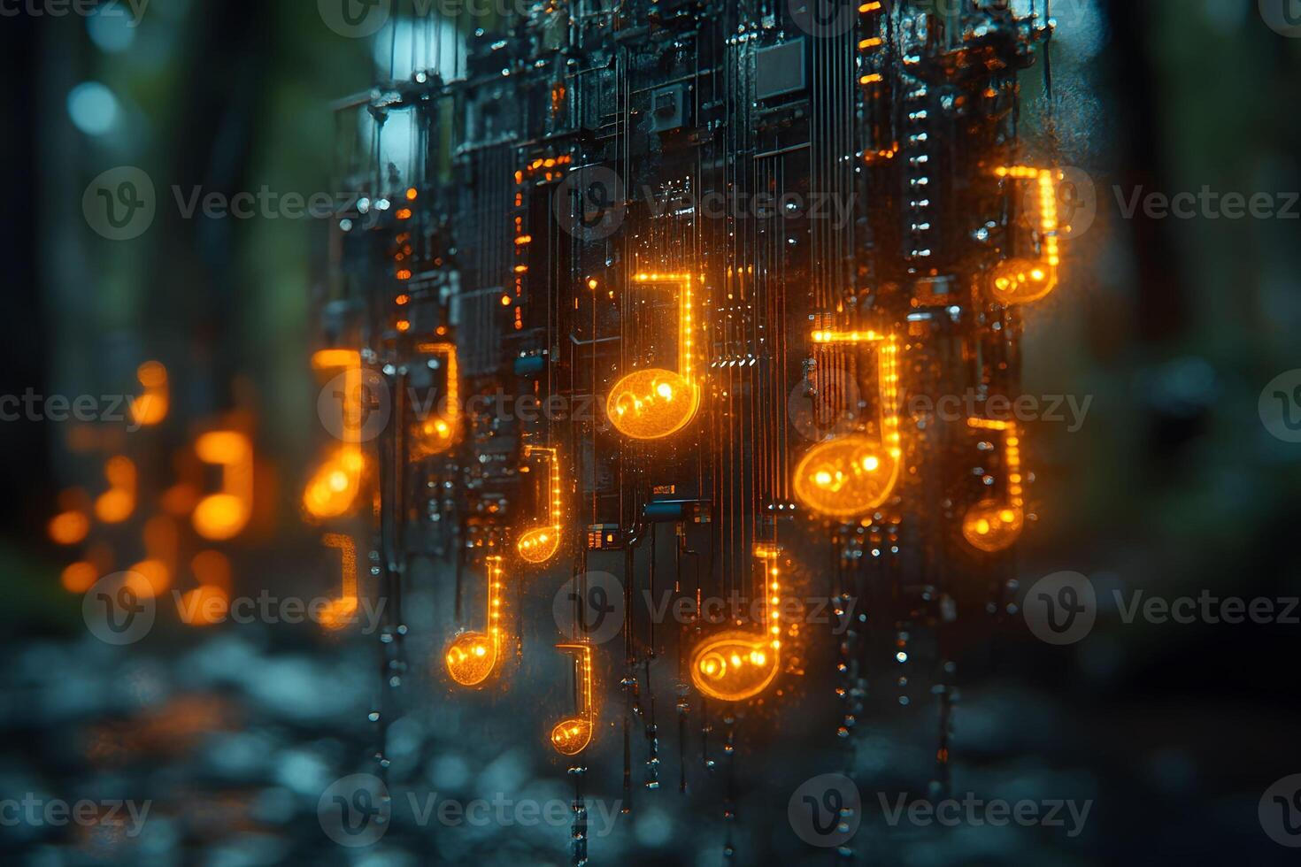 Digital Harmony Futuristic Music Technology with Glowing Notes in a Forest Setting photo