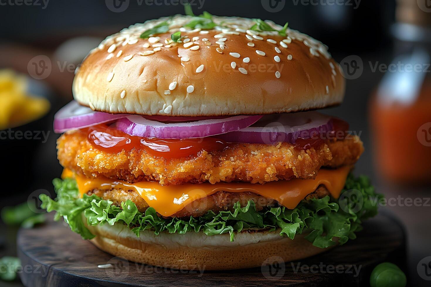 Delicious Crispy Chicken Burger with Cheese and Fresh Vegetables for Gourmet Food Lovers photo