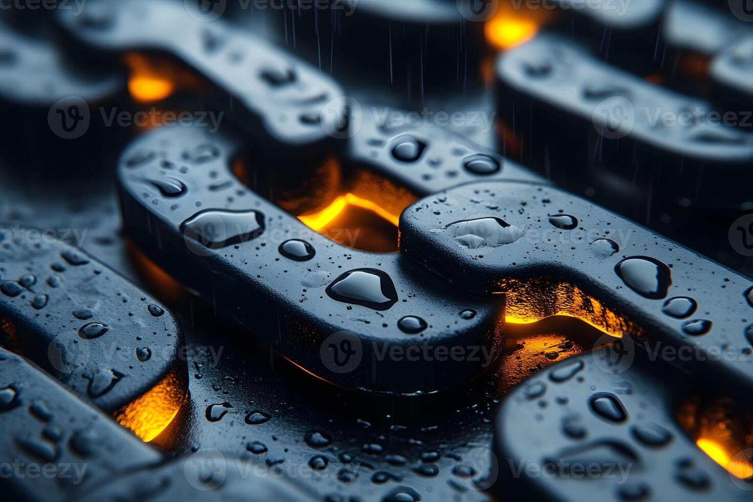 Close-Up of Wet Metallic Chain Links with Warm Backlighting for Abstract Design photo
