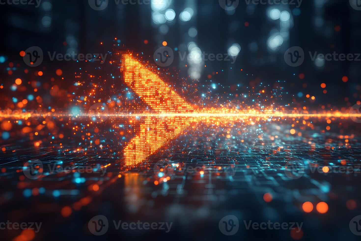 Futuristic Digital Arrow with Neon Lights in Cyber Space for Tech Design photo