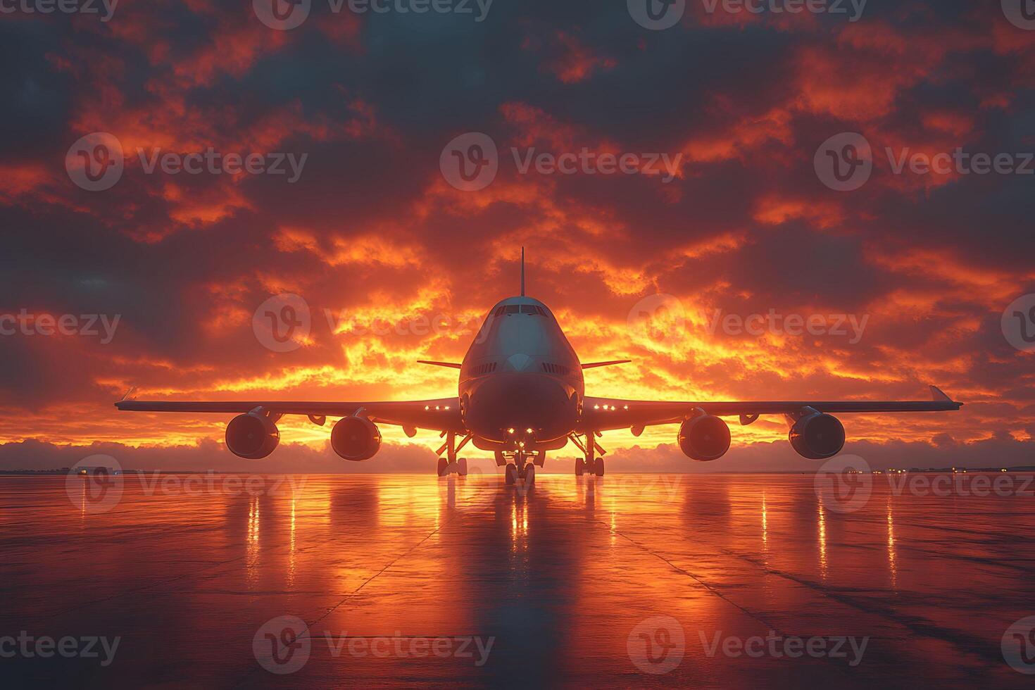 Majestic Airplane Silhouette Against Fiery Sunset on Wet Runway photo