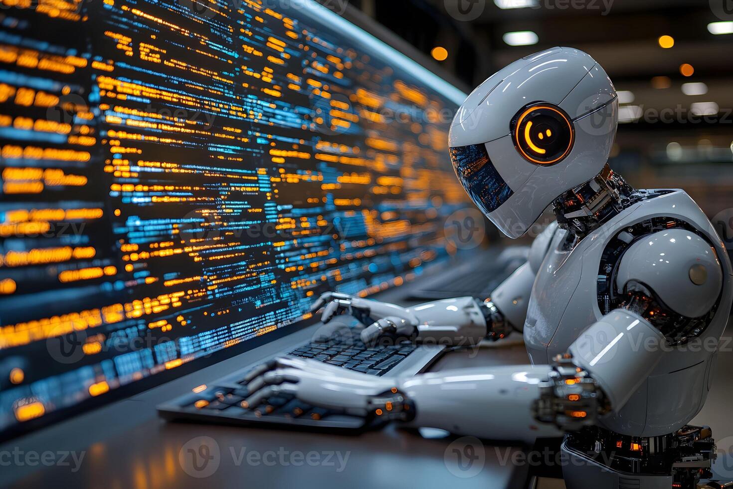 Futuristic Robot Programming AI Interacting with Digital Code in Tech Environment photo