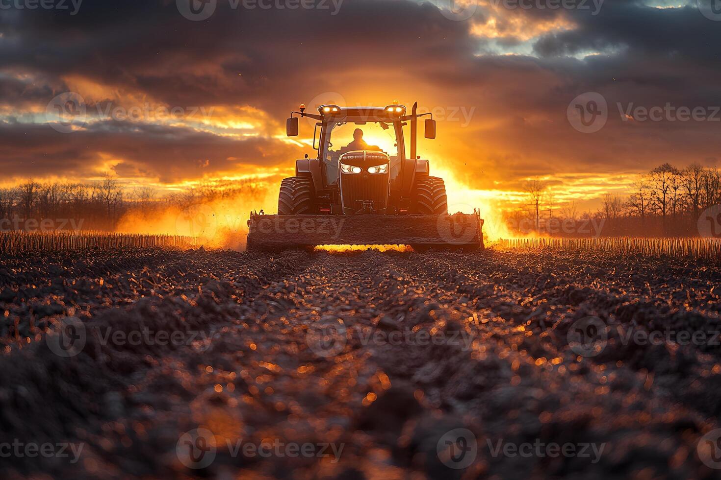 Silhouette of Tractor at Sunset on Plowed Field Agricultural Landscape for Farming and Harvest Themes photo