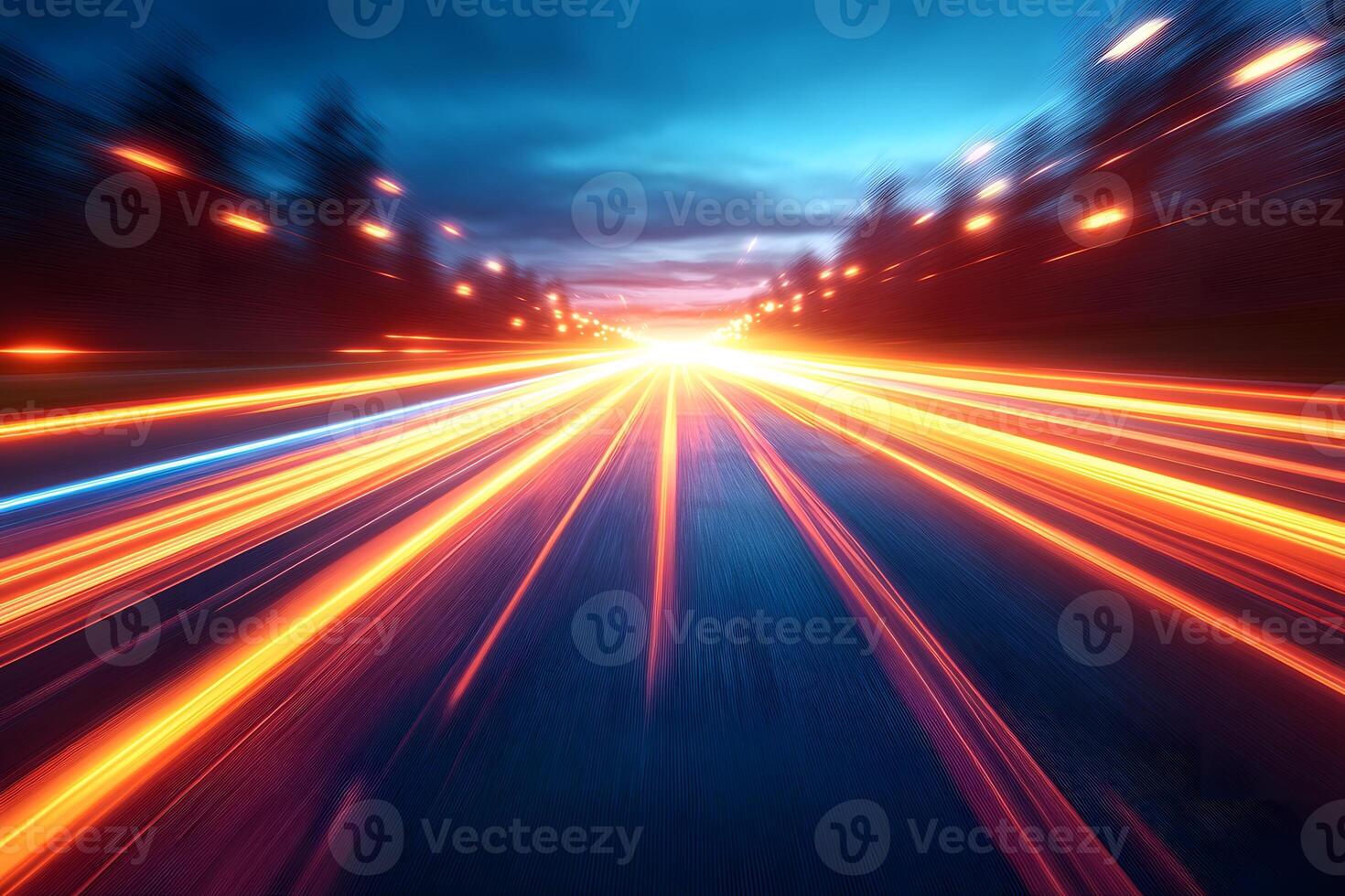 Futuristic High-Speed Light Trails on Highway at Dusk for Dynamic Motion Design photo