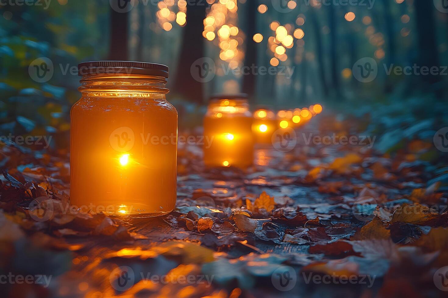 Enchanted Forest Pathway with Illuminated Mason Jars at Dusk photo