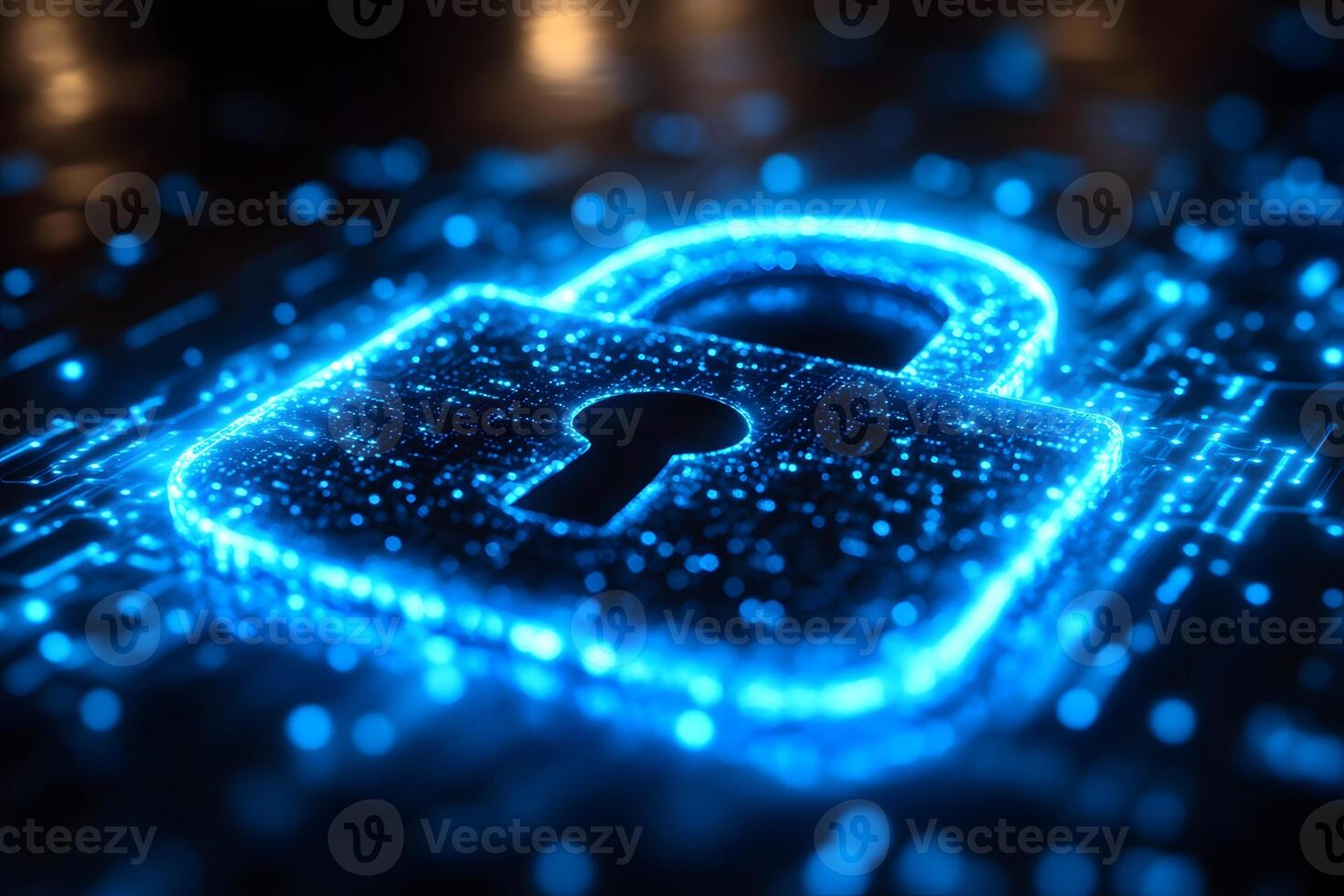 Futuristic Cybersecurity Concept with Glowing Digital Lock on Circuit Board photo